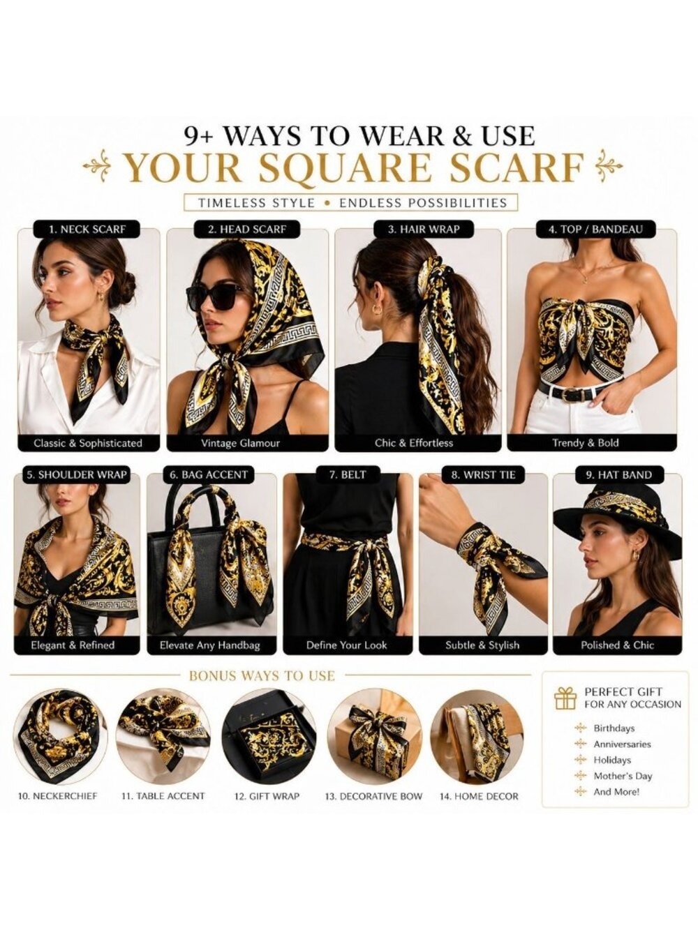 Luxury Gold Baroque Satin Square Scarf for Women – Black & Gold Ornate Chain - Picture 3 of 7